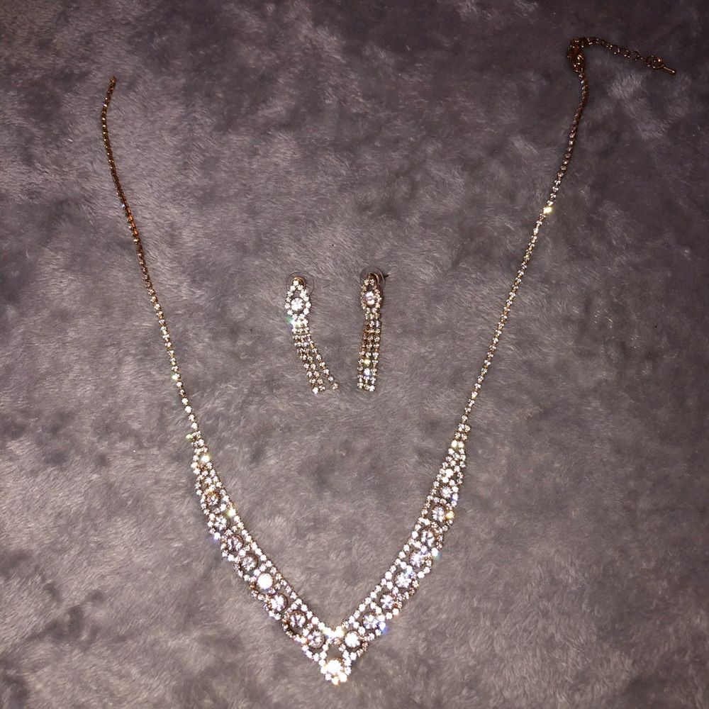 Gold-Tone Crystal V-Shape Necklace and Drop Earrings Set